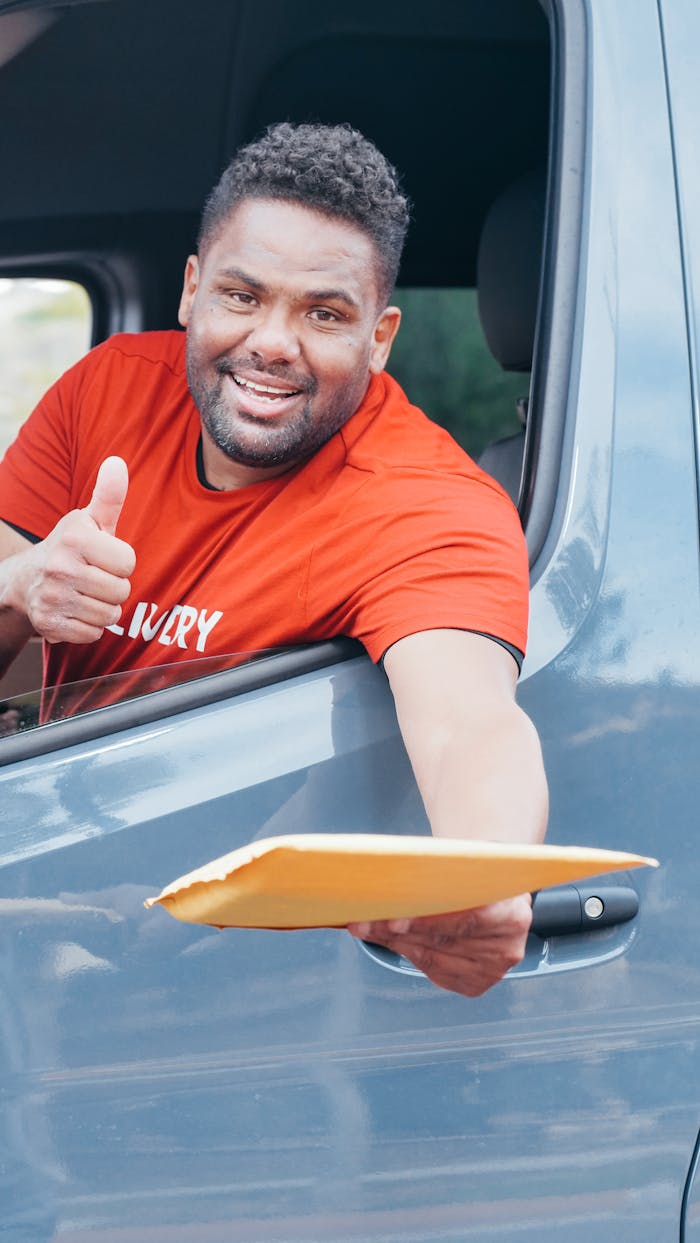 about-02 Smiling delivery man handing out a package from a van window, showcasing friendly service.