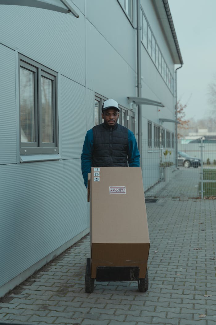 ours-journey Courier delivering a package on a trolley outside a modern industrial building.